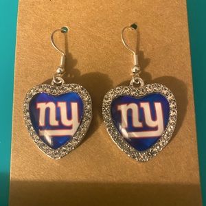 Blue background New York giants crystal heart shaped silver tone earrings